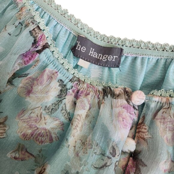 Floral Sheer Bell Sleeve Pleated Blouse Rose Pastel fairy‎ Small Romantic - Picture 8 of 16